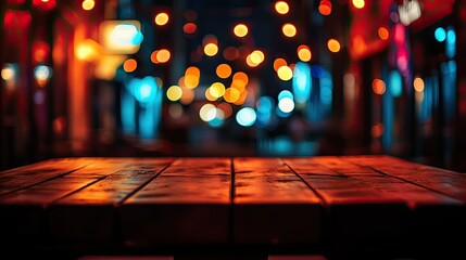Empty wooden tabletop with blurred lights in vibrant colors, warm party ambiance