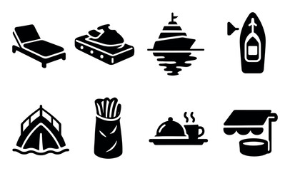 Fototapeta premium Travel and tourism filled icon set. adventure, vacation, boat, dining, relaxation icons