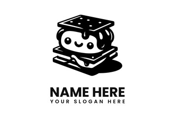 Adorable cartoon s'more sandwich with smiling face and chocolate dripping.