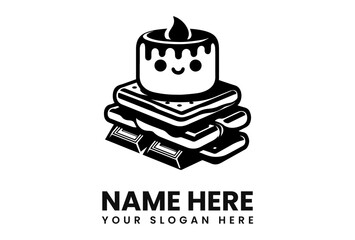 A stylized illustration of a s'more with a marshmallow character on top, in black and white.