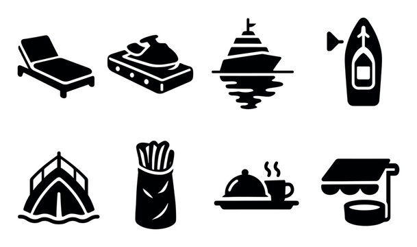 Travel and tourism filled icon set. adventure, vacation, boat, dining, relaxation icons