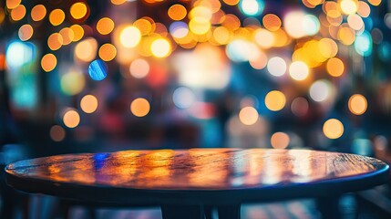 Wooden table surface with colorful bokeh lights in the background, festive night atmosphere