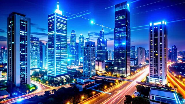 Futuristic cityscape at dusk with glowing blue holographic grid overlays symbolizing AI-driven urban planning, smart infrastructure, and digital connectivity. - Powered by Adobe