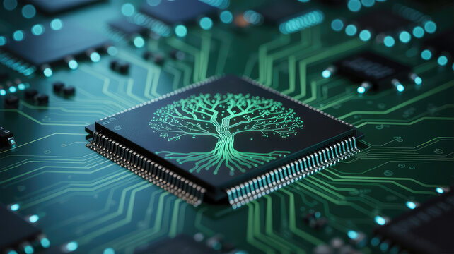 Tech's Nature Core: A close-up view of a computer chip, etched with an intricate tree design, symbolizing the fusion of nature and technology. The circuit board shimmers with green lines.