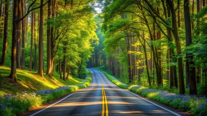 Fototapeta premium Serene Forest Road at Dawn A Picturesque Drive Through Lush Green Trees and Wildflowers