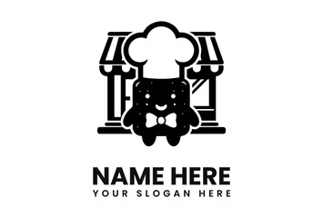 A cheerful cartoon chef mascot stands in front of a stylized shop facade.