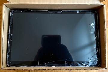 Broken Tablet in Cardboard Box: An unexpected snapshot of a shattered tablet rests within the confines of a protective cardboard box, reflecting a sense of digital disruption.