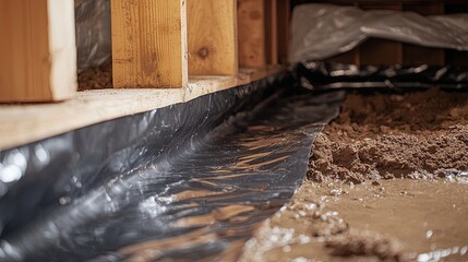 Plastic vapor barrier applied in residential crawl space during moisture control process