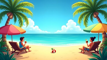 Naklejka premium Image depicts a vibrant and serene beach scene, bathed in bright sunshine. The foreground features a pristine sandy beach where two groups of people are relaxing under colorful umbrellas