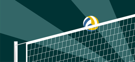 Vector of volley ball and the net on stripes green backdrop