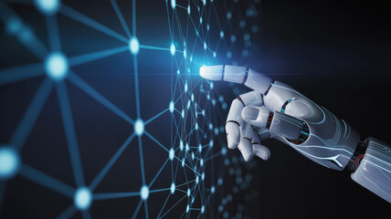 Digital Interface: A futuristic robotic hand makes contact with a digital network, sparking innovation and connection in a dynamic, modern setting.