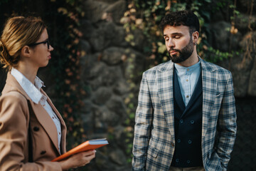 Two business people discussing important projects outdoors in a city environment, emphasizing...
