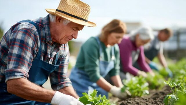 Senior man and woman adults gardening together outdoors, teamwork planting vegetable seedlings in community garden, sustainable agriculture and healthy lifestyle, focus on teamwork and farm plant care