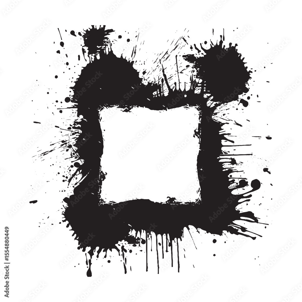 Poster square ink splatter frame with messy grunge texture and dripping paint design isolated on white back