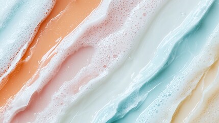 Gentle swirls of gel and foam in pastel colors, smooth cosmetic texture composition