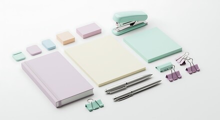 Pastel Notebook Pens Sticky Notes Stapler isolated on a transparent background