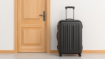Black luggage with wheels placed by interior hotel room entrance