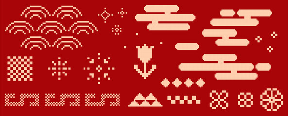 Japanese tradition patterns in gold on red bg. Japanese cloud motif, geometric seigaiha texture, sakura flower icon. Decorative abstract pixelated elements for Asian oriental digital style design