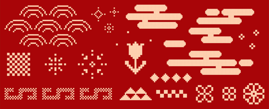 Japanese tradition patterns in gold on red bg. Japanese cloud motif, geometric seigaiha texture, sakura flower icon. Decorative abstract pixelated elements for Asian oriental digital style design