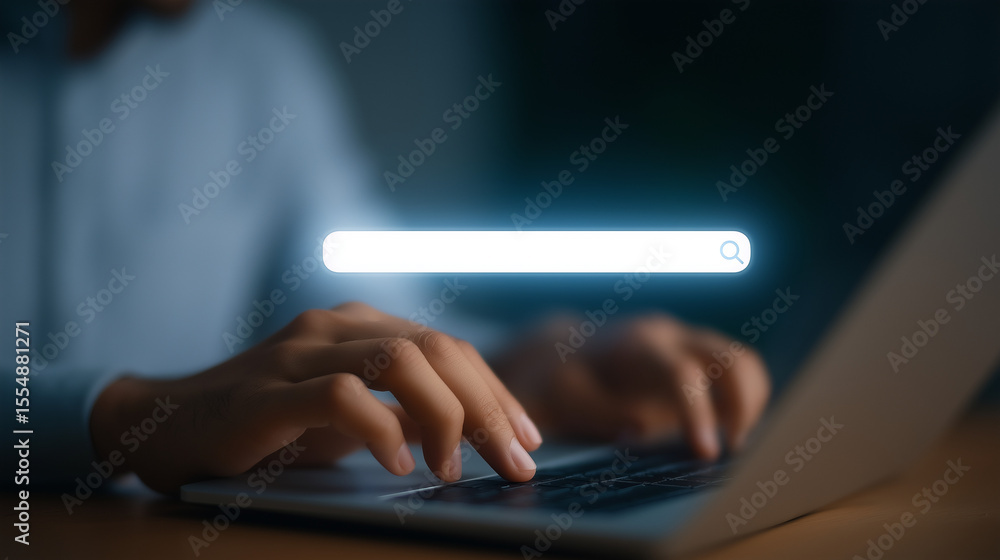 Poster ai-driven search concept with user typing on laptop