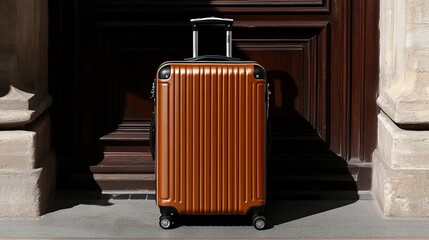 Modern travel suitcase standing near classic wooden entrance door