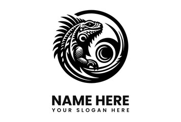 Stylized iguana logo design, black and white, circular frame, tribal art style.