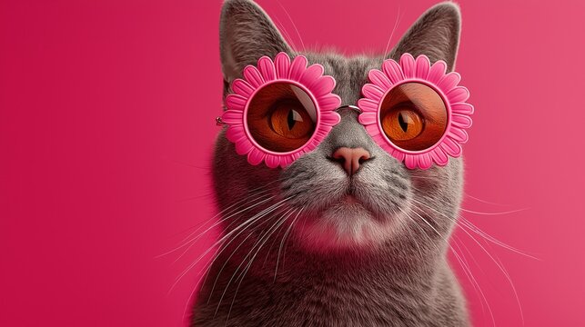 Stylish Cat in Sunglasses: A gray British Shorthair cat models a pair of whimsical pink daisy sunglasses against a vibrant pink backdrop.  The cat's expression is both cool and curious.   Ai image. 