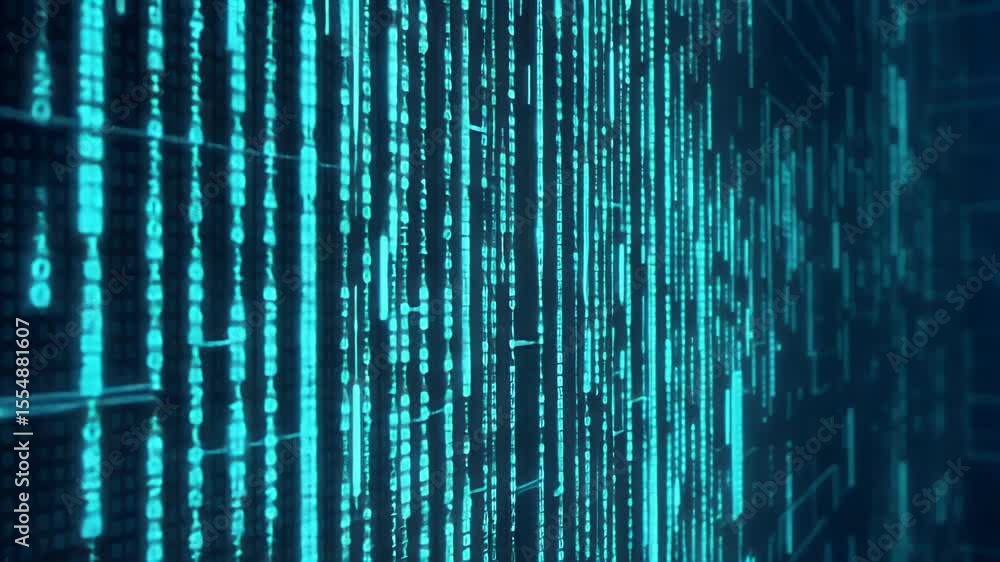Poster abstract digital data stream background with vertical glowing cyan lines and a dark blue backdrop. t