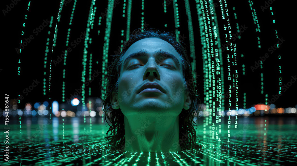 Poster digital awakening: a person immersed in a digital rain of binary code, showcasing the fusion of tech
