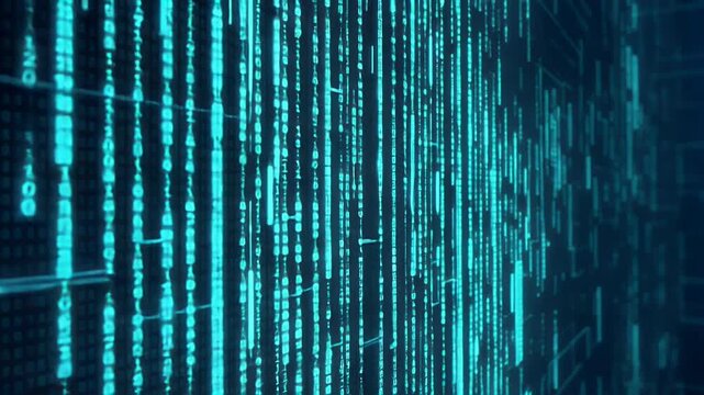 Abstract digital data stream background with vertical glowing cyan lines and a dark blue backdrop. This image conveys a high-tech, futuristic atmosphere.