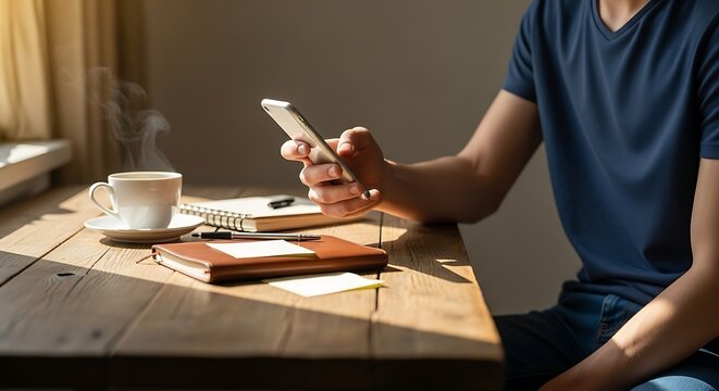 A person using a mobile phone while sitting at a desk with coffee. 