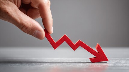 Declining Trend: Hand places red arrow, symbolizing financial downturn. Focus on downward trajectory and economic challenges.