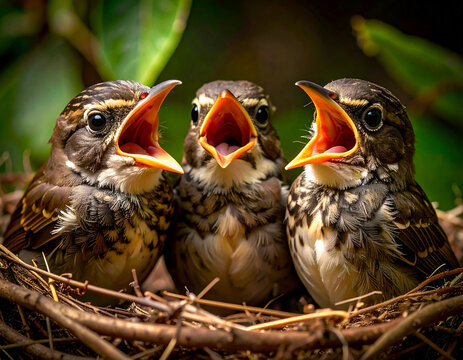 Polluelos de pajaro con el pico abierto esperando comida en el nido en una rama de &aacute;rbol. met&aacute;fora de cuidado y crecimiento para inspirar proyectos de responsabilidad social y branding corporativo