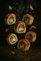 Flying Sushi Rolls with Salmon, Cucumber, and Sesame Seeds on Dark Background