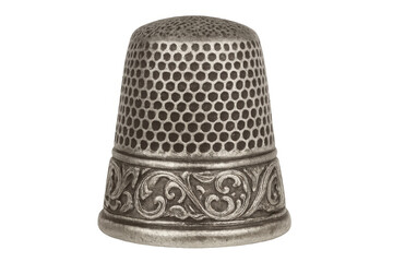 Vintage metal thimble featuring intricate floral embossing, gleaming with detailed craftsmanship, ideal for professional sewing and decorative needlework