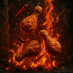 Spicy Fried Chicken Drumsticks with Red Chili Peppers and Flaming Background