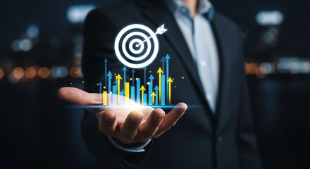Businessman Hand Holding Target Arrow Graph Chart Growth Success Blue Yellow Lights City Background image