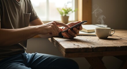 Man browsing phone next to coffee cup.