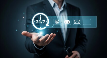 Businessman Hand Holding Holographic 247 Support Clock Email Icons Dark Background 24 hour service customer service