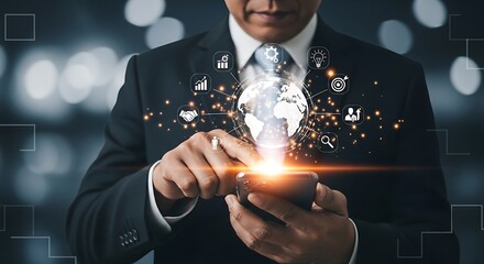 Businessman Using Smartphone Global Network Connections Data Analytics Icons Orange Glow Dark Background