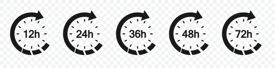 Deadline clock arrow 12, 24, 36, 48, 72 hours in a flat design