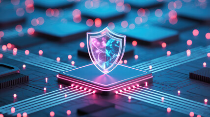 Cybersecurity Shield: A futuristic digital shield illuminated with vibrant light, symbolizing protection and security within a sophisticated network of data and technology.