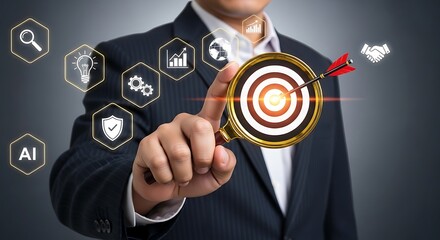 Businessperson Hand Holding Magnifying Glass Showing Target Arrow Success Goal Achievement A I Technology Icons