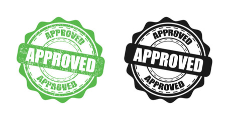 Set of approved rubber stamp in green with grunge texture and simple black