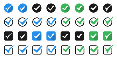 Check mark icons collection. Set of green, blue and black tick icons. Checkmark symbol