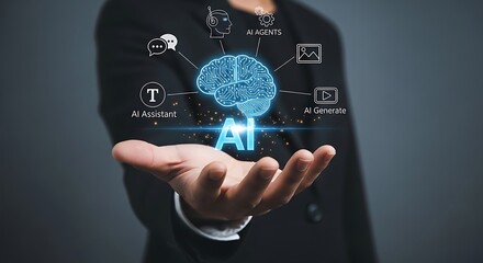 Businessperson Hand Holding Holographic A I Brain Circuit Board Digital Assistant Agents Generate Text Image Video