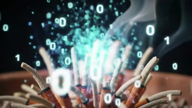 Abstract burning incense sticks displaying binary code digital technology concept image