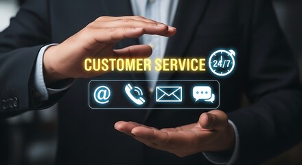 Businessperson Hands Presenting Customer Service Concept 247 Support Email Phone Chat Icons Yellow Text Dark Suit