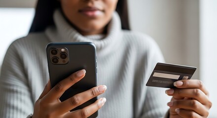 Closeup Dark Gray Smartphone Held by Woman Hands Holding Black Credit Card Online Shopping Mobile Payment