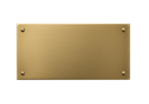 Brushed brass rectangular plaque with four screws isolated on transparent background